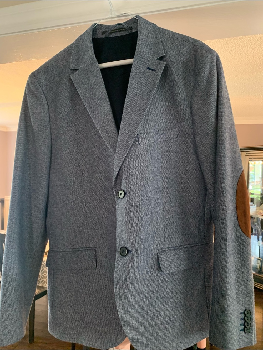 Men's Dusty Blue Wool-Blend Blazer with Brown Elbow Patches